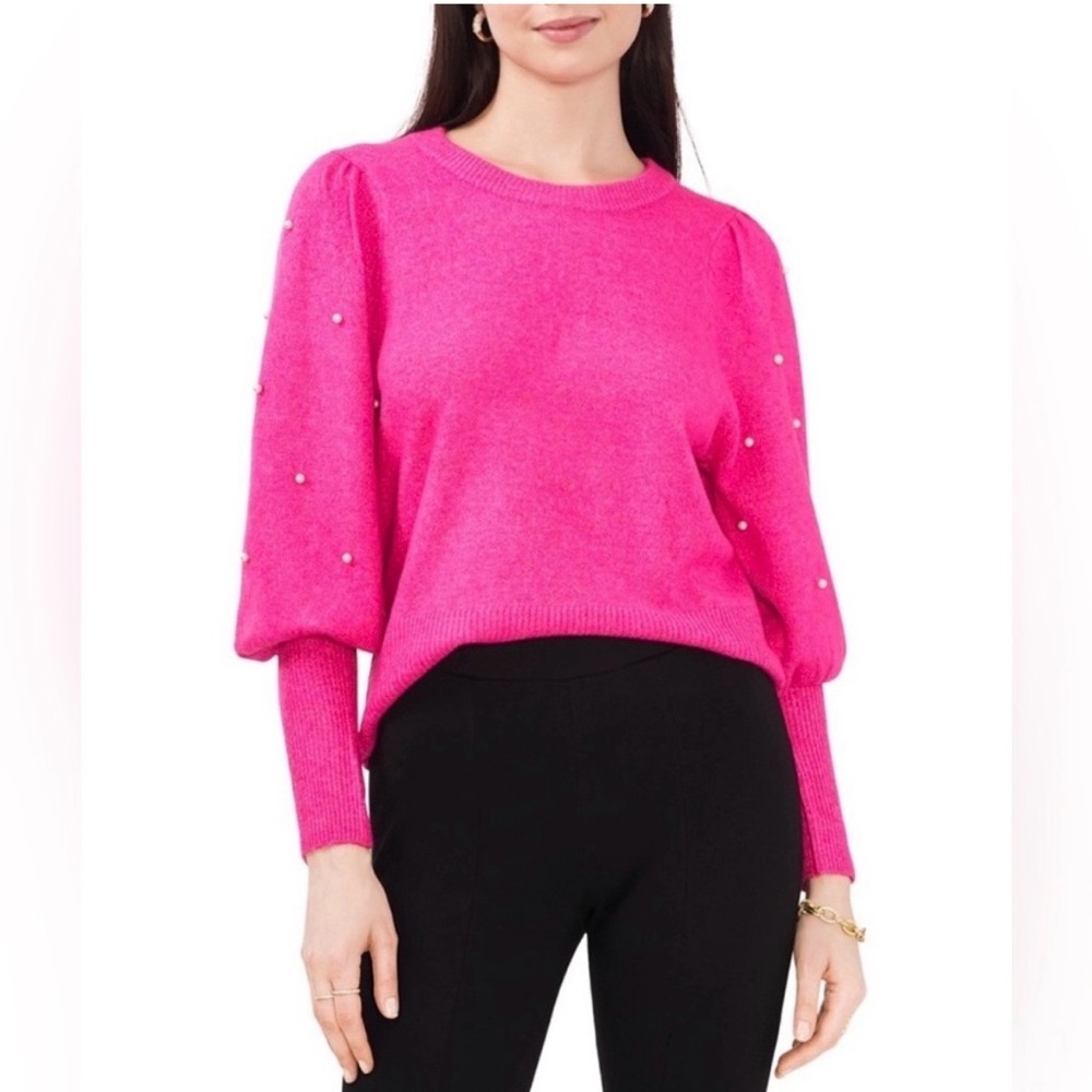 Cece Bright Hot Pink Pearl Accent Puff Balloon Sleeve Sweater Small